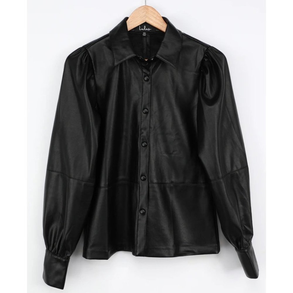 Lulus Black Vegan Leather Long Sleeve Button-Up Pleather Shirt Shacket NWT